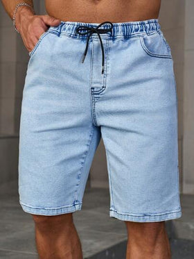 Manfinity Homme شورت جينز برمودا رجالي عشوائي مع رباط خصر وجيوب، لون أزرق فاتح عادي للعمل والأساسيات اليومية
