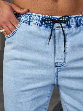 Manfinity Homme شورت جينز برمودا رجالي عشوائي مع رباط خصر وجيوب، لون أزرق فاتح عادي للعمل والأساسيات اليومية