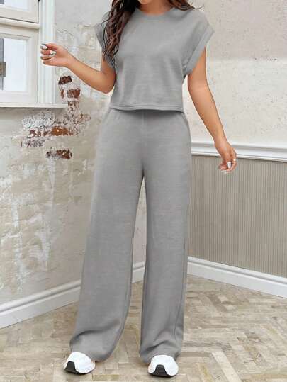طقم حريمي قطعتين EZwear طقم ملابس علوية وسروال نسائي فضفاض محبوك باللون الرمادي وياقة دائرية