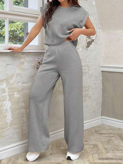 طقم حريمي قطعتين EZwear طقم ملابس علوية وسروال نسائي فضفاض محبوك باللون الرمادي وياقة دائرية