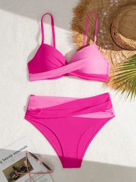 SHEIN Swim مجموعة بيكيني نسائية متقاطعة باللون الأزرق البحري للصيف ومزينة باللون الأسود والأبيض