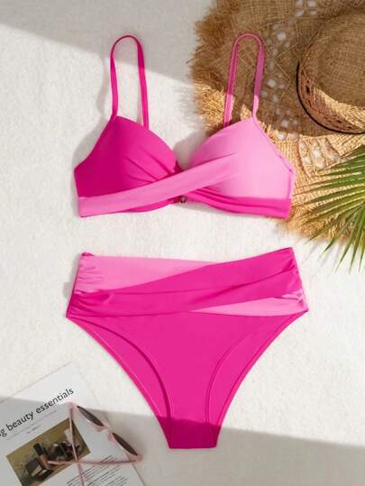 SHEIN Swim مجموعة بيكيني نسائية متقاطعة باللون الأزرق البحري للصيف ومزينة باللون الأسود والأبيض