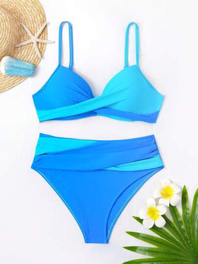 SHEIN Swim مجموعة بيكيني جذابة متقاطعة بألوان مختلفة لقضاء إجازة على الشاطئ للنساء