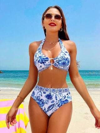 Swim Vcay ثوب البحر بنمط زهور الصيف للنساء يتكون من قطعتين مع حمالة دائرية متصلة ورباط عنق