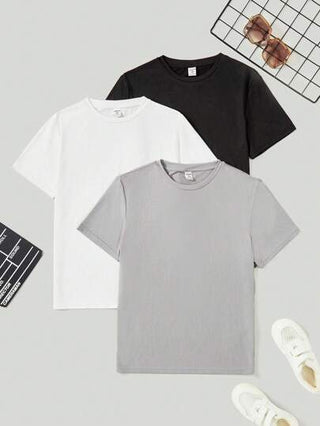 SHEIN 3 قطع / مجموعة من القمصان المريحة والواسعة للفتيان ذوي الأعمار المتوسطة مع رقبة طاقمية بألوان صلبة