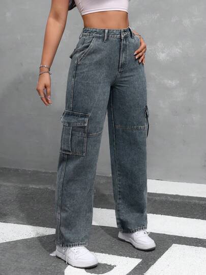 SHEIN EZwear سروال جينز نسائي فضفاض عصري بجيوب