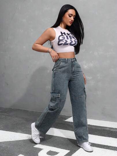 SHEIN EZwear سروال جينز نسائي فضفاض عصري بجيوب