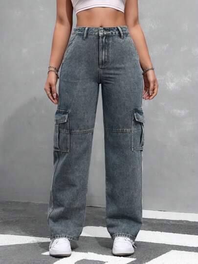 SHEIN EZwear سروال جينز نسائي فضفاض عصري بجيوب