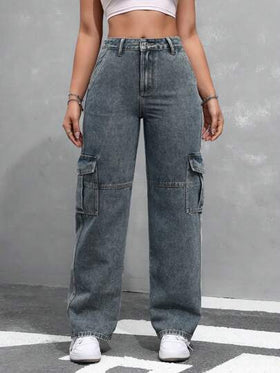 SHEIN EZwear سروال جينز نسائي فضفاض عصري بجيوب