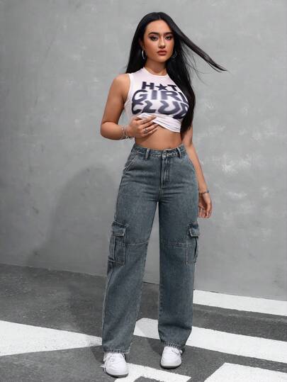 SHEIN EZwear سروال جينز نسائي فضفاض عصري بجيوب