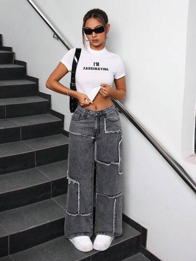 SHEIN PETITE نسائي: جينز بقصة فضفاضة بأرجل واسعة مع تصميمات مختلفة وحاشية ممزقة