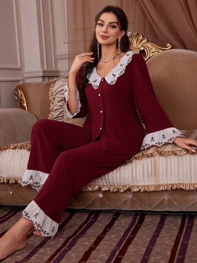 PalaceNights طقم بيجامة / طقم بيجاما بأكمام منسدلة مزخرفة بالدانتيل بتباين