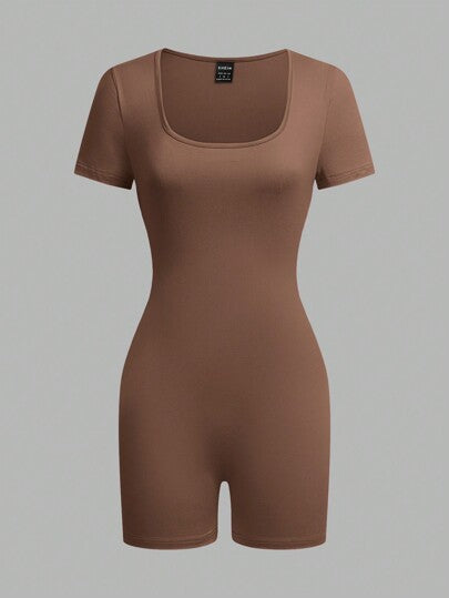 EZwear مجموعة 4قطع من المحصلات القصيرة بياقة مربعة ملونة مع البدلة الجينز الرشيقة للنساء ، صيفي