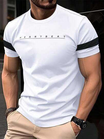 Manfinity Homme تي شيرت قطني قصير الأكمام ربيعي للرجال بياقة مستديرة وقصة متناسقة، مع طباعة حرفية للخروج وارتداء الزوج