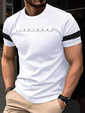Manfinity Homme تي شيرت قطني قصير الأكمام ربيعي للرجال بياقة مستديرة وقصة متناسقة، مع طباعة حرفية للخروج وارتداء الزوج