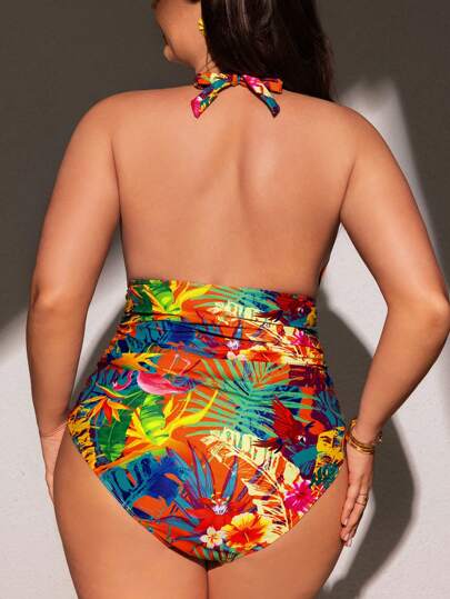 Swim Lushoire بدلة سباحة قطعة واحدة مع طبعة نباتات استوائية لسيدات البدناء، ربطة ظهر فتحات شاطئية صيفية للعطلات