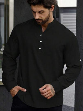 Manfinity Homme قميص رجالي بأكمام قابلة للطي وأزرار نصفية، مناسب للخريف