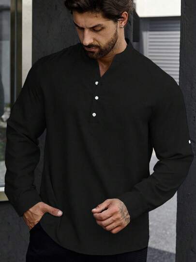 Manfinity Homme قميص رجالي بأكمام قابلة للطي وأزرار نصفية، مناسب للخريف