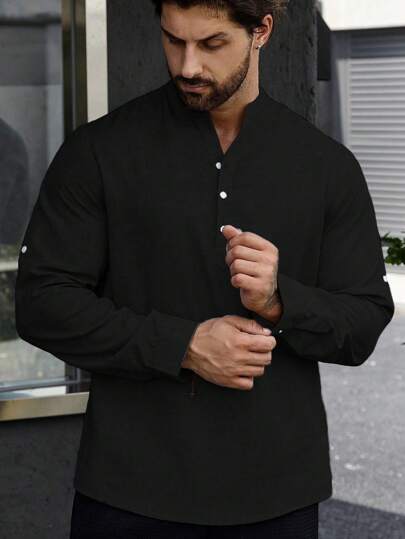 Manfinity Homme قميص رجالي بأكمام قابلة للطي وأزرار نصفية، مناسب للخريف