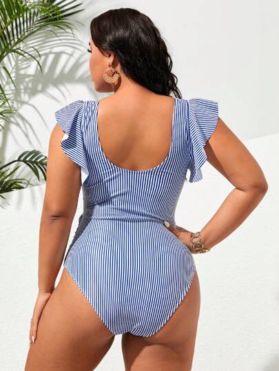 Swim Lushoire بدلة سباحة قطعة واحدة للمقاسات الكبيرة مع طبعات مخططة وياقة على شكل حرف V، مزينة بعقدة محورة وكشكشة وطيات، مناسبة للصيف