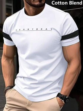 Manfinity Homme تي شيرت قطني قصير الأكمام ربيعي للرجال بياقة مستديرة وقصة متناسقة، مع طباعة حرفية للخروج وارتداء الزوج