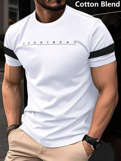Manfinity Homme تي شيرت قطني قصير الأكمام ربيعي للرجال بياقة مستديرة وقصة متناسقة، مع طباعة حرفية للخروج وارتداء الزوج