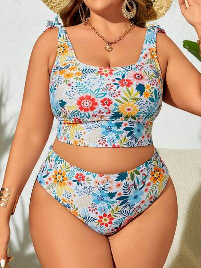 Swim Lushoire ملابس سباحة تانكيني مقاسات كبيرة مطبوعة أنيقة للنساء للاستخدام في العطلات الصيفية ، شاطئ الصيف