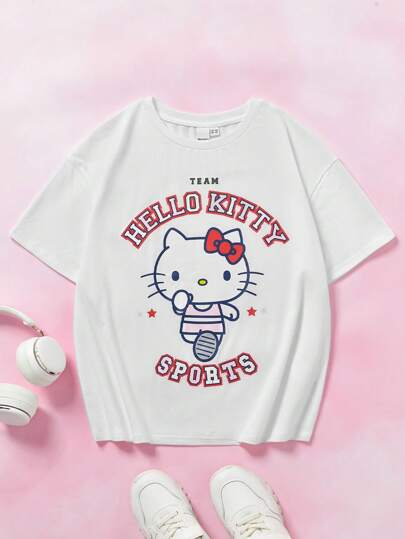 ملابس بناتي HELLO KITTY AND FRIENDS |  تي شيرت تيشيرت أبيض بأكمام قصيرة خفيف بطباعة أحرف ورسوم كرتونية، أنيق للبنات المراهقات