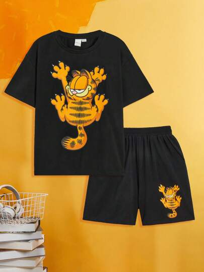 فستان أطفال GARFIELD X  زي الصيف المريح لفتى العمر الوسطى ذو القميص المطبوع بنمط الكرتون والبنطلون القصير ذو القصة الواسعة
