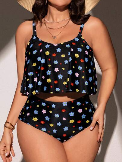 Swim Mod مجموعة لانجري بشكل تانكيني عارية مقاس كبير للنساء، تحتوي على ملابس علوية تانك طبعات زهور ديتسي مع شورت ثلاثي المثلثات لغطس الشاطئ في فصل الصيف