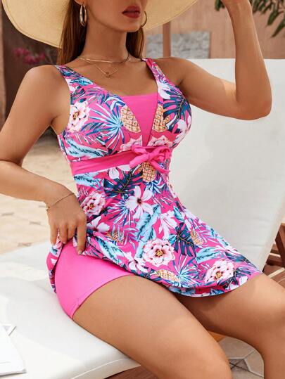 Swim Lushoire ملابس علوية صيفية كاجوال على شكل توب بطبعات نباتية استوائية مع ربطة الخصر، طراز تانكيني للسباحة