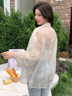 DAZY قميص نسائي طويل الأكمام بنسيج جاكارد شفاف ومزخرف، قمصان صيفية شفافة عصرية رمضان