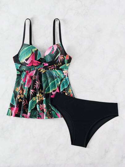 طقم تانكيني حريمي Swim Lushoire مجموعة تانكيني مطبوعة بتصميم استوائي للسيدات مع قاعدة قطعتين ثلاثية الألوان للشاطئ، ملابس البحر