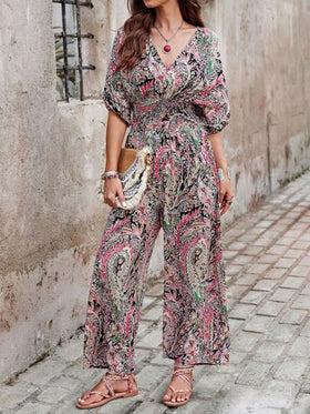 SHEIN LUNE بدلة قصيرة بأكمام قصيرة لنساء بطراز بوهيمي، ذات خصر مطوي، نمط عشوائي الطباعة