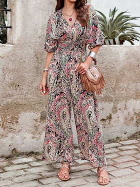 SHEIN LUNE بدلة قصيرة بأكمام قصيرة لنساء بطراز بوهيمي، ذات خصر مطوي، نمط عشوائي الطباعة