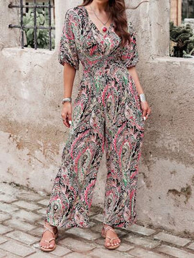 SHEIN LUNE بدلة قصيرة بأكمام قصيرة لنساء بطراز بوهيمي، ذات خصر مطوي، نمط عشوائي الطباعة