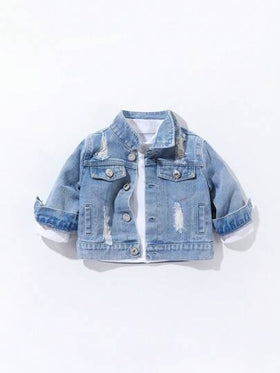 SHEIN Genkimix Kids جاكيت جينز ممزق خفيف بطبعة شعار للأولاد الرضع، كاجوال ستريت وير