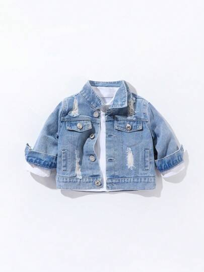 SHEIN Genkimix Kids جاكيت جينز ممزق خفيف بطبعة شعار للأولاد الرضع، كاجوال ستريت وير