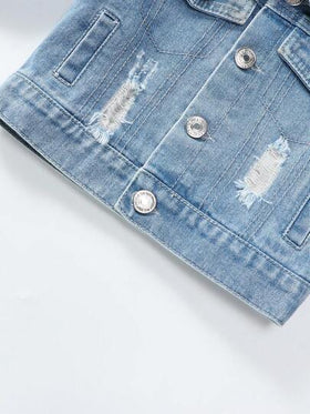 SHEIN Genkimix Kids جاكيت جينز ممزق خفيف بطبعة شعار للأولاد الرضع، كاجوال ستريت وير