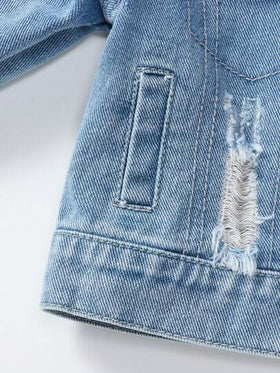 SHEIN Genkimix Kids جاكيت جينز ممزق خفيف بطبعة شعار للأولاد الرضع، كاجوال ستريت وير