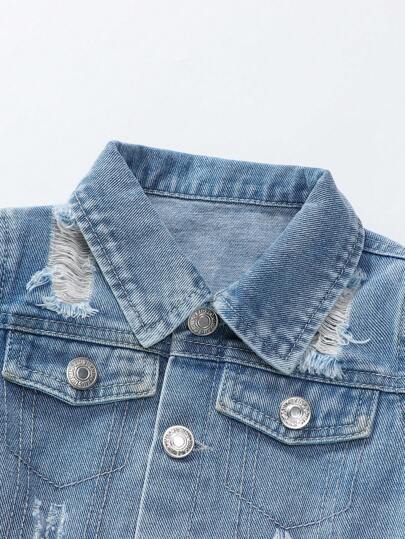 SHEIN Genkimix Kids جاكيت جينز ممزق خفيف بطبعة شعار للأولاد الرضع، كاجوال ستريت وير