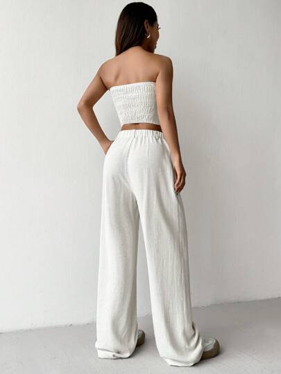 طقم حريمي قطعتين EZwear مجموعة قطعتين للسيدات: ملابس علوية أنبوبي بلون سادة بسيط وبنطال طويل