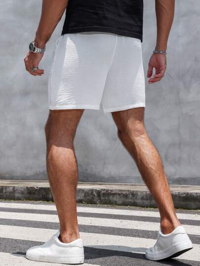 Manfinity Homme شورت رجالي بخصر مطاطي من الستان والكتان أحادي اللون، قصير وبسيط للاستجمام والعطلات باللون الأبيض، هدية مناسبة للزوج أو الحبيب