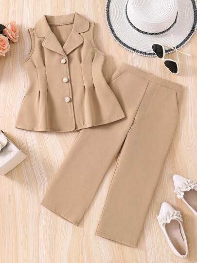 SHEIN Elladie kids طقم بلا أكمام وبنطلون بنمط فتاة شابة داعمة للسيدات والرجال، مواسم الربيع / الصيف