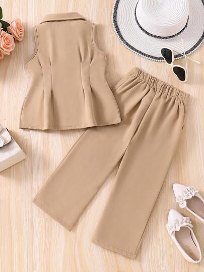 SHEIN Elladie kids طقم بلا أكمام وبنطلون بنمط فتاة شابة داعمة للسيدات والرجال، مواسم الربيع / الصيف