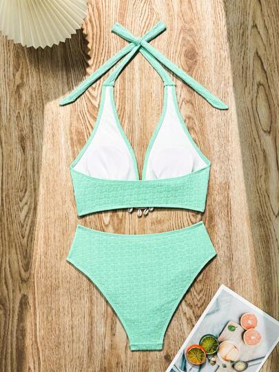 Swim مجموعتي بيكيني للنساء بلون واحد بياقة حول الرقبة، بقطعتين منفصلتين للصيف والشاطئ والعطلات، مجموعتان بقطعتين بلون أخضر مجموعة صيفية للنساء