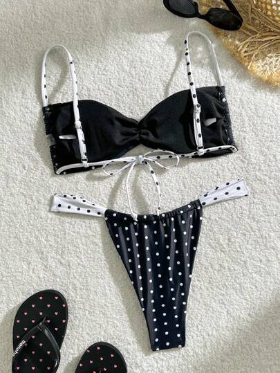 Swim Mod مجموعة بيكيني جذابة للمرأة مزينة بنقط بولكا دوت مطبوعة مع لمسات رومانسية للشاطئ، طبعة عشوائية