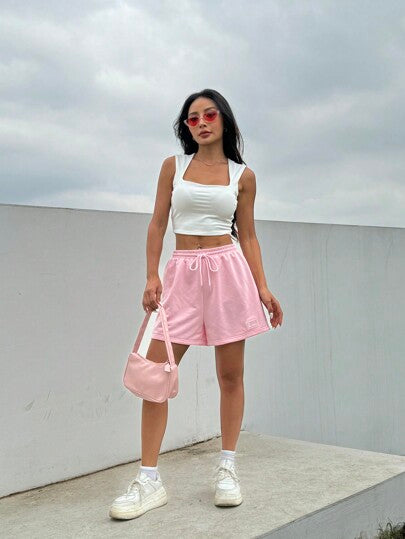 SHEIN EZwear سروال رياضي صيفي واسع بأربطة و خصر وردي مريح بتفاصيل مجمعة