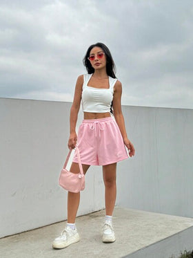 SHEIN EZwear سروال رياضي صيفي واسع بأربطة و خصر وردي مريح بتفاصيل مجمعة