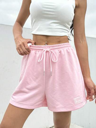 SHEIN EZwear سروال رياضي صيفي واسع بأربطة و خصر وردي مريح بتفاصيل مجمعة